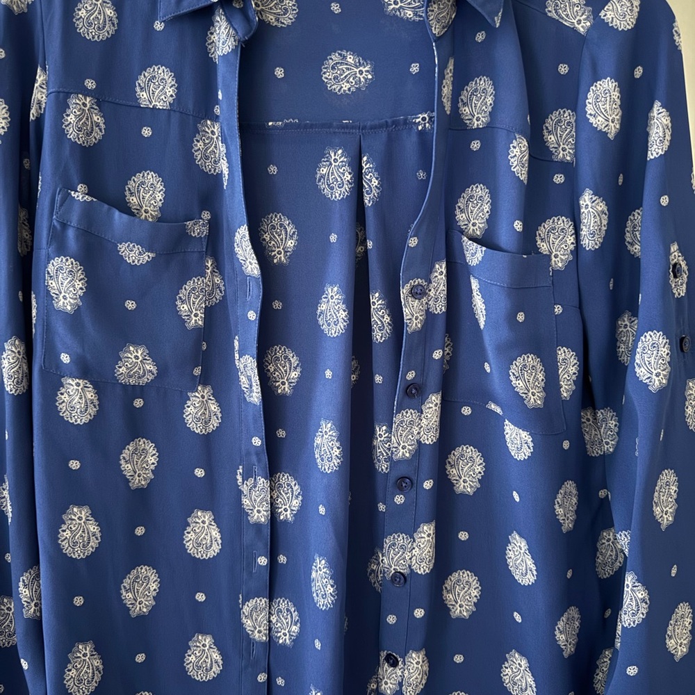 Express Blue Button-Down Shirt with White Paisley Print